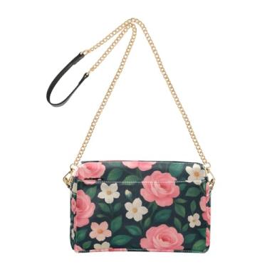 Imagem de Joitme Bolsa tiracolo feminina linda rosa branca flores verdes bolsa de ombro de couro PU com alça de corrente