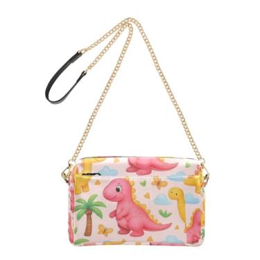 Imagem de Linda bolsa feminina rosa amarela dinossauros bolsa de ombro de couro PU com alça de corrente bolsa para celular