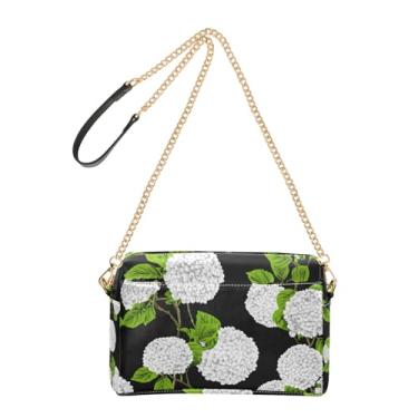 Imagem de Joitme Bolsa feminina branca com flores de hortênsia preta, bolsa de ombro de couro sintético com alça de corrente, bolsa para celular