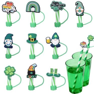 Imagem de 10 tampas de cobertura de palha do dia de São Patrício para 30 copos de 1,134 g 10 mm Reutilizáveis de silicone chapéu de trevo fofo design anão protetor de canudos capas de festa