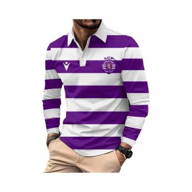 Imagem de Camisas Polo Clássicas Masculinas De Manga Longa Com Listras, Confortá