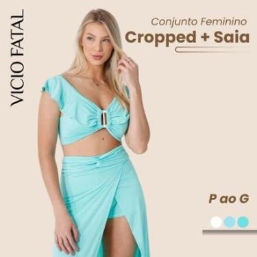 Imagem de Conjunto Feminino Poliamida Cropped + Saia Transpassada Moderno Verão Social Reveillon-Feminino