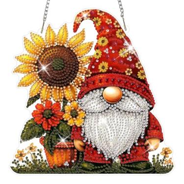 Imagem de NAIMOER Kits de pendurar arte de diamante para adultos gnomo girassol 5D strass de formato especial, pintura de diamante acrílico faça você mesmo, pingentes de janela, kits de ornamentos para pendurar
