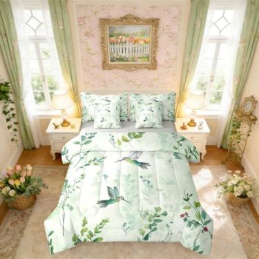 Imagem de Erosebridal Conjunto de cama Queen abstrato de folhas verdes grama, 7 peças, conjunto de edredom turquesa beija-flor com lençóis, verde-menta, boêmio, cama de estética botânica em aquarela em uma