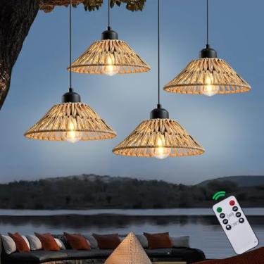 Imagem de HuixuTe Lustre suspenso para uso externo operado por bateria, luzes de gazebo ao ar livre com controle remoto, 4 pilhas AA (não incluídas), para decoração de gazebo, varanda, pátio - pacote com 4