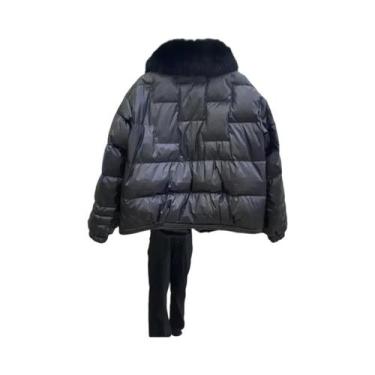 Imagem de Jaqueta Puffer Feminina Com Gola De Pele De Raposa Branca, Parka Curta