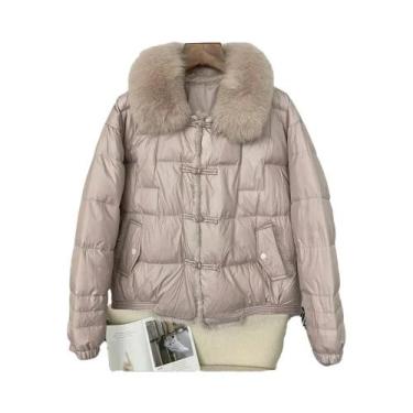 Imagem de Jaqueta Puffer Feminina Com Gola De Pele De Raposa Branca, Parka Curta