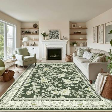 Imagem de Tapetes de área com estampa floral verde-oliva para quarto, sala de estar, boho, casa de fazenda, rústico, sala de jantar, tapetes macios e laváveis, revestimento antiderrapante para berçário, sala de