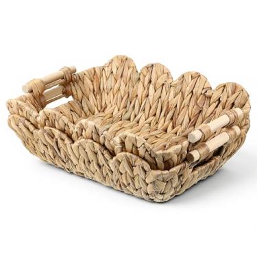 Imagem de YBEATY Pacote com 2 cestas de vime recortadas, cestas de armazenamento de jacinto de água tecidas à mão com cabo de madeira, papel higiênico, sala de estar, quarto, cestas para decoração de mesa