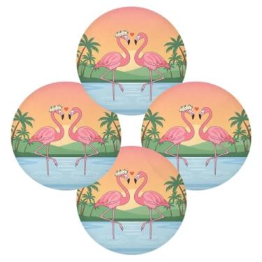 Imagem de Wassud Jogo americano conjunto de 4 adoráveis tapetes de mesa redondos flamingos para cozinha e jantar tapetes laváveis resistentes ao calor decoração de mesa 39 cm