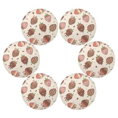 Imagem de Wassud Jogo americano conjunto de 6 tapetes redondos fofos de chocolate morango para cozinha e jantar tapetes laváveis resistentes ao calor decoração de mesa 39 cm