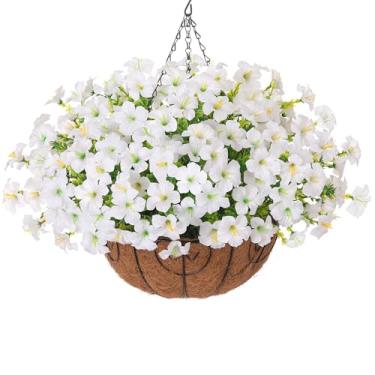 Imagem de INSPRING Cesta de flores artificiais artificiais para pendurar ao ar livre, plantas falsas de primavera, glória da manhã de seda branca resistente a UV em plantador, flores de petúnia realistas para