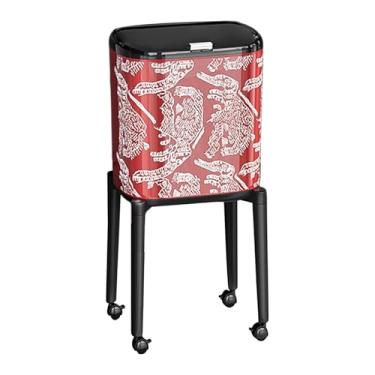 Imagem de MotiveTech Lixeira com Rodas, Balde de Lixo Moderno e Multiuso com Tampa de Pressão para Dormitórios, Banheiros de Hotéis e Lavanderias, Listras Vermelhas