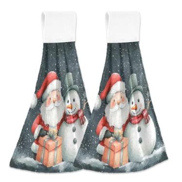 Imagem de Blueangle 2 peças de toalhas de gravata penduradas de Papai Noel fofo toalha de mão de cozinha absorvente de veludo coral macio pano de pano para cozinha e banheiro (481)