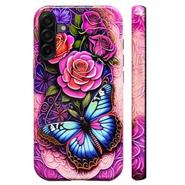 Imagem de Bcov Capa de camada dupla para Galaxy A17 5G, flores de borboleta azul rosa à prova de choque capa rígida híbrida + capa protetora de silicone para celular para Samsung Galaxy A17 5G