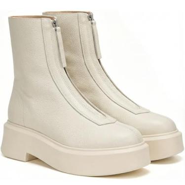 Imagem de BeeLg Bota feminina plataforma cano curto Chelsea bota de outono com zíper frontal de couro de combate, Branco, 34