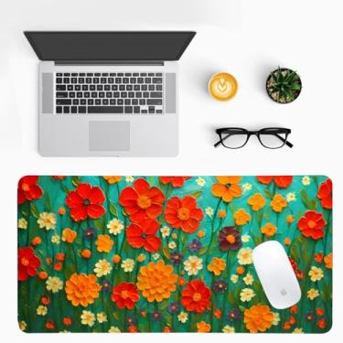 Imagem de Tapete de mesa com flores de pintura a óleo para mulheres, almofada de mesa grande de couro PU com base antiderrapante, capa de teclado de escritório estética para jogos e trabalho em casa, decoração