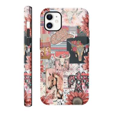 Imagem de Vulfwela Capa para iPhone 11 de 6,1 polegadas, colagem boho, ocidental, 2 em 1, vintage, rosa, chapéu de caubói cavalos, cabeça de touro, floral, capa de telefone country oeste, à prova de choque