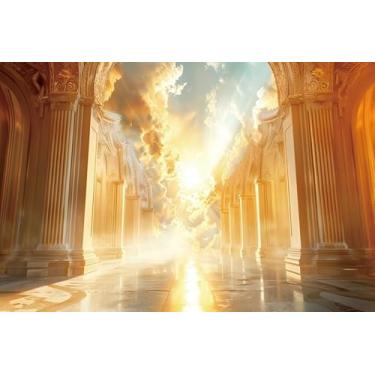 Imagem de Leowefowa Fundo dourado céu 3 x 2,4 m vinil dourado paraíso palácio luz sagrada nuvens brancas foto fundo igreja religiosa cristã eventos festa aniversário recém-nascido decoração retrato cabine