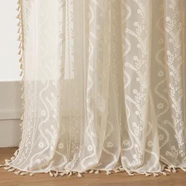 Imagem de WAZZIO Cortinas de renda vitoriana bege claro 96 polegadas - cortinas transparentes de estilo antigo, filtragem de luz com padrão floral, privacidade semitransparente (conjunto de 2, L132 x C96)