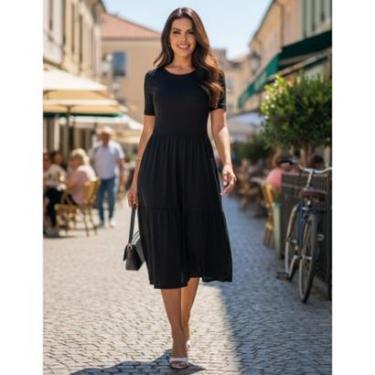 Imagem de Vestidinho Basico de Malha Manga Curta Verão Fresco Leve Midi Rodado Plissado Saia A Soltinho-Feminino