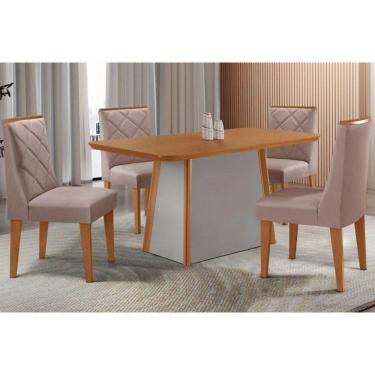 Imagem de Mesa Cozinha Tilia c/ Tampo Madeirado Canto Curvo 120x80cm e 4 Cadeiras Pietá Madeira Maciça Naturale/Off White - Capuccino/Linho Capuccino-Rufato