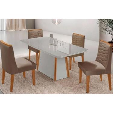 Imagem de Conjunto: Mesa de Cozinha Tilia Curvo 120cm + 4 Cadeiras Maldivas Naturale/Off White - Suede Capuccino - Rufato