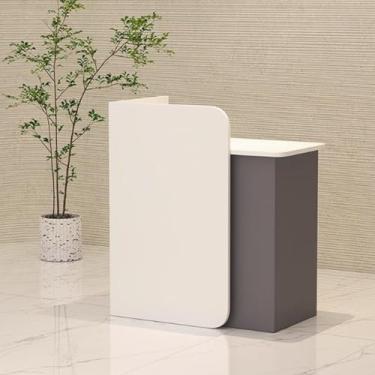 Imagem de Balcão de recepção moderno com gaveta com trava, escritório de madeira computador recepção balcão de varejo para sala de recepção checkout lobby salão de beleza supermercado (branco + cinza, 100 x 45