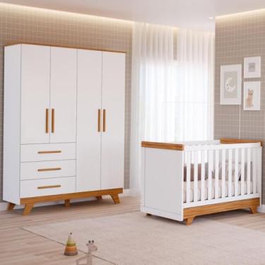 Imagem de Quarto de Bebê Completo Retro com Guarda Roupa 4 Portas 3 Gavetas e Berço Mini Cama Móveis Peroba Amendoa/branco