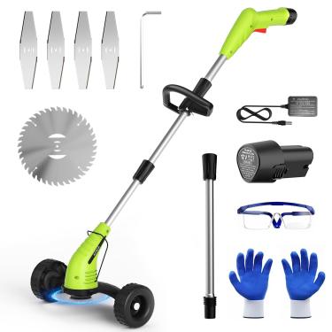 Imagem de Aokia Weed Wacker sem fio para gramado: Aparador de cordas elétrico de 12 V com roda - Bateria de íon de lítio leve de 2,0 Ah alimentado por bateria para quintal, jardim, cerca viva - Cortador de