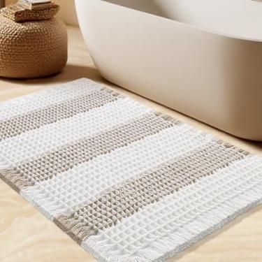 Imagem de Tapete de banho waffle, tapete de banho moderno tecido boho absorvente antiderrapante, tapetes de banheiro ultra macios, tapetes de banho de malha laváveis na máquina com listras para banheiro, quarto