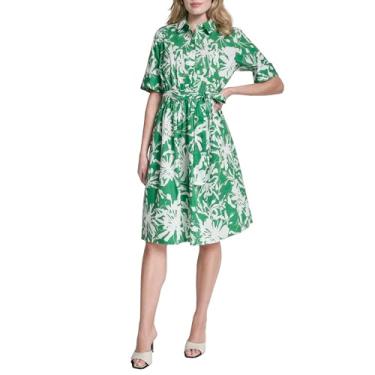 Imagem de DKNY Vestido feminino de popelina de algodão com gola e manga 3/4, samambaia/marfim, 8