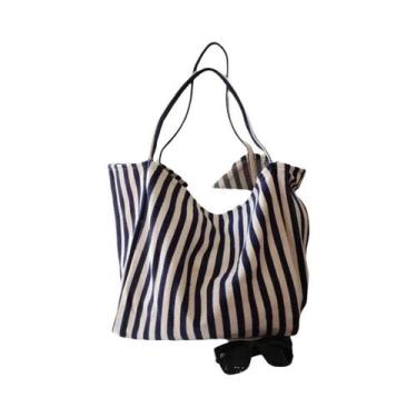 Imagem de Bolsa Tote De Lona Listrada De Grande Capacidade Para Mulheres, Bolsa 
