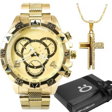 Imagem de dourado + caixa + cordão cruz + Relogio masculino dourado prova dagua 