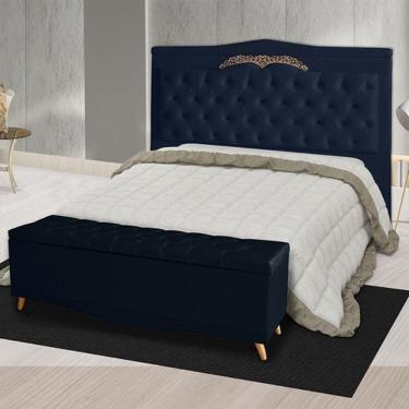 Imagem de Kit Cabeceira De Cama Box E Calçadeira Baú Madri Casal 140 Cm Suede Azul Marinho Eli Móveis E Decoração