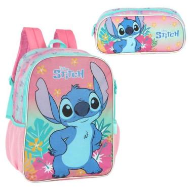 Imagem de Kit Mochila Stitch Grande Juvenil Disney Rosa Com Estojo - Luxcel