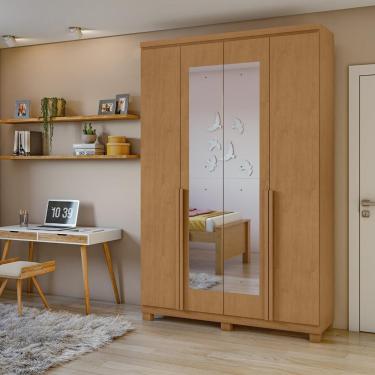 Imagem de Guarda-roupa Solteiro Alonzo 4 Portas 2 Gavetas Com Espelho Amêndoa Clean Lopas