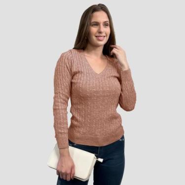 Imagem de Blusa Feminina Tricot Transinha Gola V Basica Elastano Manga Longa - G