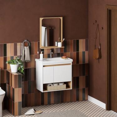Imagem de Kit para Banheiro em Madeira com Lavatório e Espelheira Verbena Branco