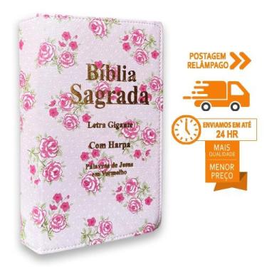 Imagem de Bíblia Sagrada Feminina Luxo Floral Rosa Letra Gigante Harpa ARC Palav