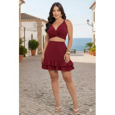 Imagem de Short Saia Conjunto Feminino Blusa com Bojo - Miss Anne, Vinho, P, Dun