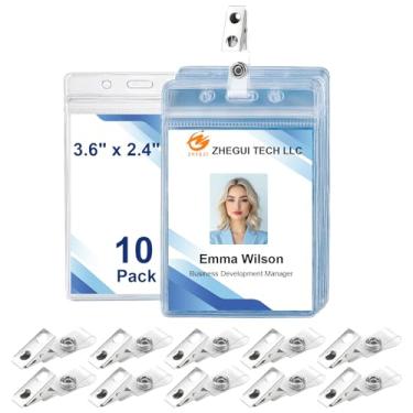 Imagem de Porta-etiquetas de plástico transparente e clipes de crachá de metal com tiras de vinil Porta-cartões de identificação de PVC à prova d'água da ZHENGUI (pacote de 10, vertical 3,6 x 2,4)