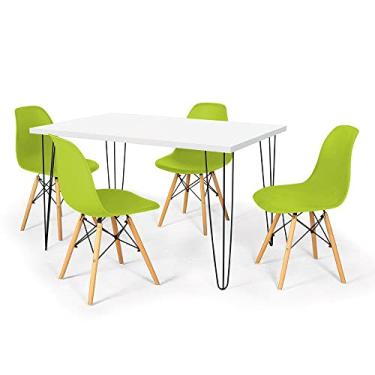 Imagem de Conjunto Mesa de Jantar Hairpin 130x80 Branca com 4 Cadeiras Eames Eiffel - Verde