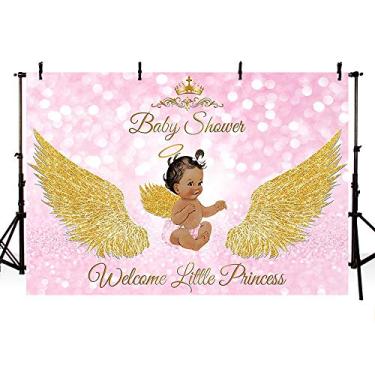 Imagem de Mehofoto — Banner de fotos de fundo com estampa de princesa real de 1,8 m e suporte para festa de chá de bebê Bokeh Pink Angel Gold Wing Welcome Little Princess Decorations God Gift