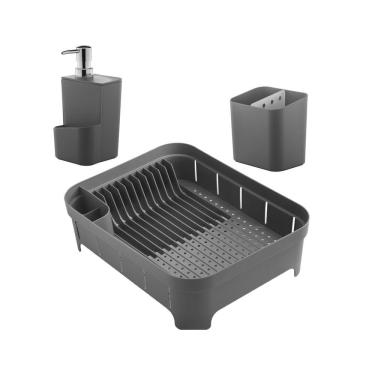 Imagem de Kit Escorredor De Louças Talheres Copos Dispenser Porta Detergente Pia Cozinha Cinza - Ou
