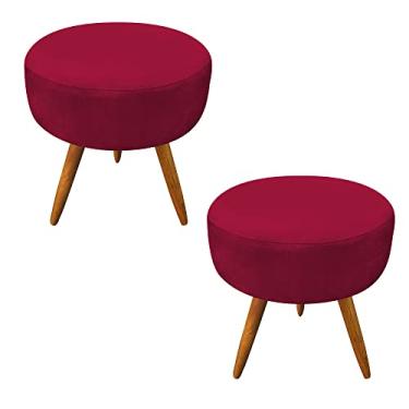 Imagem de Kit 2 Puffs Banqueta Redonda Nina Suede Vermelho Pés Palito Castanho - Pallazio