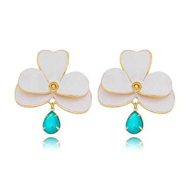 Imagem de Maxi Brinco Orquídea Esmaltado com Pedra Gota Branco, Verde