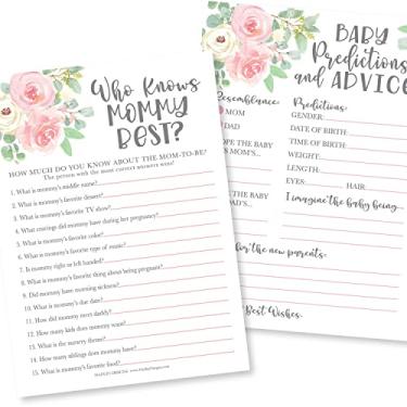 Imagem de Jogos de chá de bebê floral para meninas - 2 jogos dupla face, 25 Quem conhece a mamãe melhor jogo de chá de bebê para brincar, 25 cartas de previsão e conselhos de bebê, cartões de conselhos de chá de bebê, ideias para chá de bebê