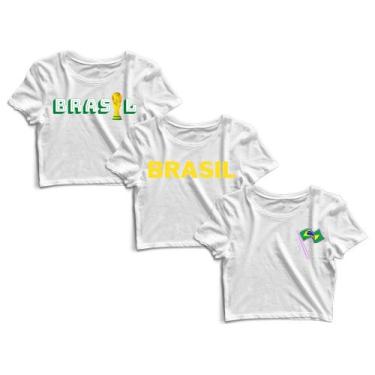 Imagem de Kit 3 Blusas Cropped Blusinha Camiseta Feminina Brasil Bandeira Copa T