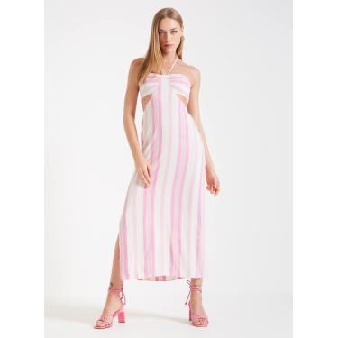 Imagem de Vestido Linho Listrado Forum Feminino Bege/Rosa GG